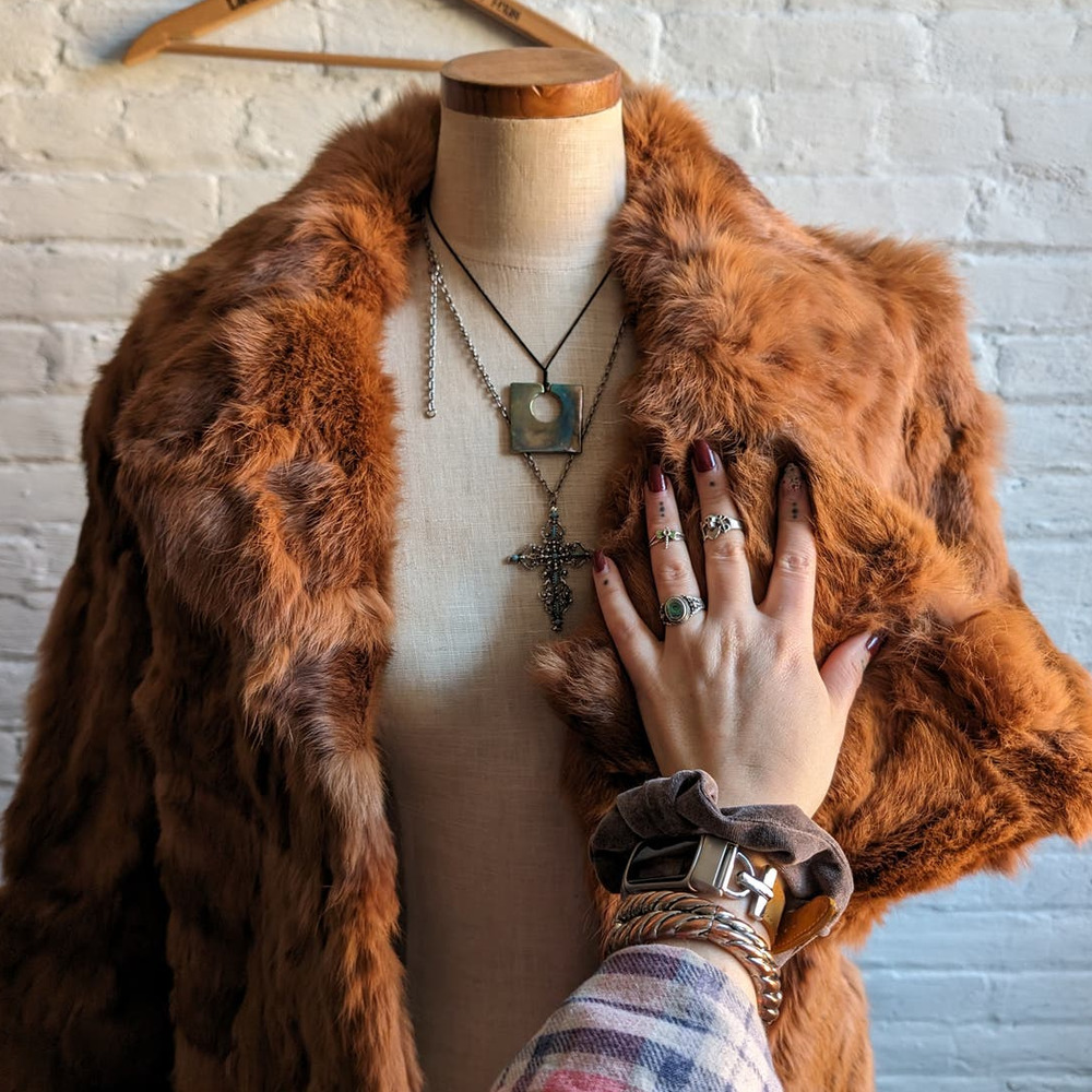 Vintage Mob Wife Rabbit Fur Coat Rusty Red Brown Penny Lane Shaggy Furry Jacket - Picture 4 of 11